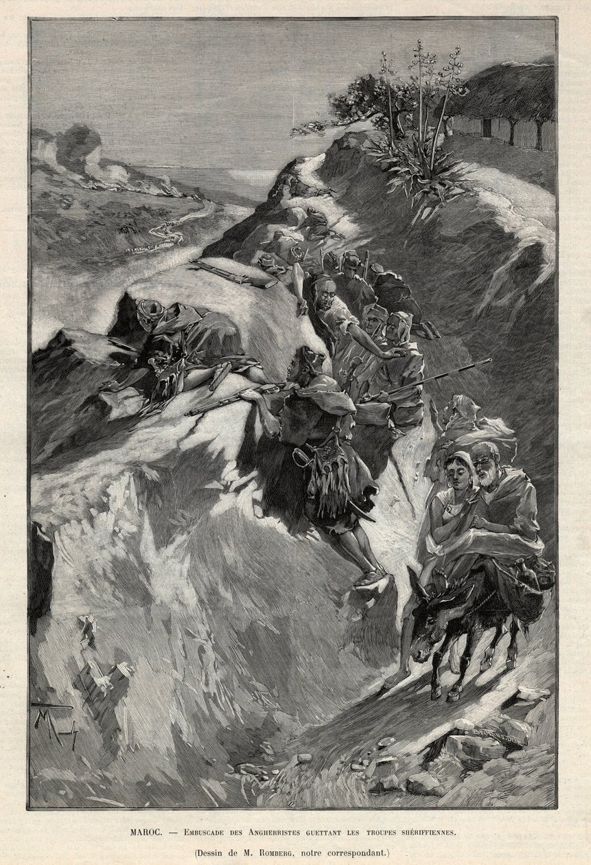 تمرد جبل أندجيرا في المغرب: كمين للأنجيريين ينتظرون قوات الشريف. نقش في "Le monde illustree" عام 1892. مجموعة خاصة. بواسطة مجهول مجهول