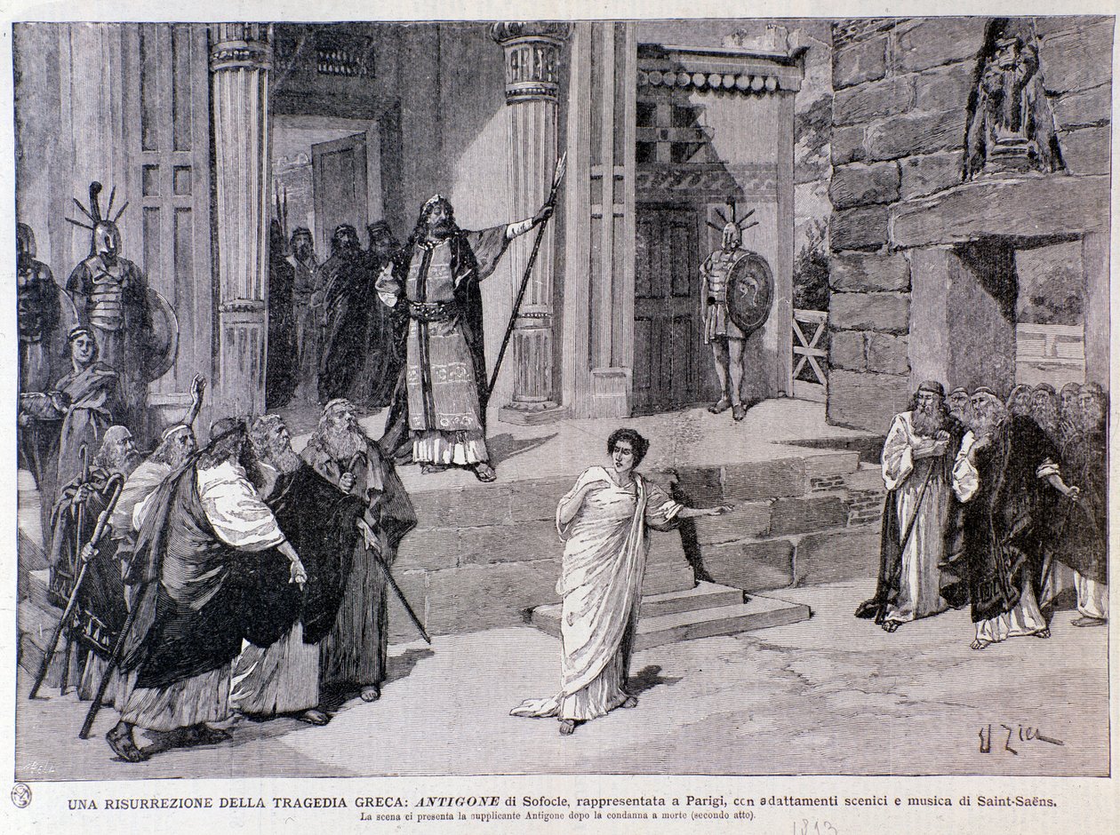 Antigone sentenced to death. Scene from the play Antigine, with music by Camille Saint-Saens, performed in Paris بواسطة مجهول مجهول