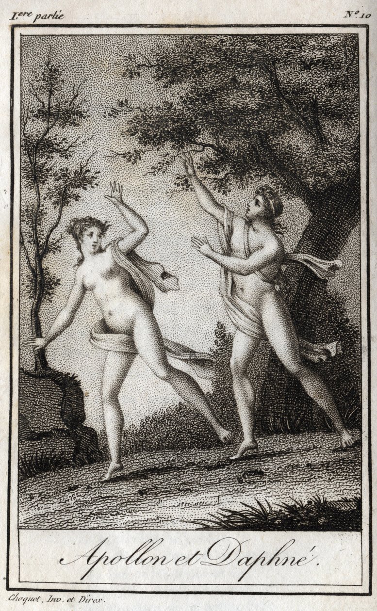 أبولو ودافني. تتحول الحورية دافني إلى غار للهروب من أبولو. نقش من عام 1819 في "Lettres a Emilie sur la mythologie" لتشارلز ألبرت ديموستييه (1760-1801). مجموعة خاصة. بواسطة مجهول مجهول