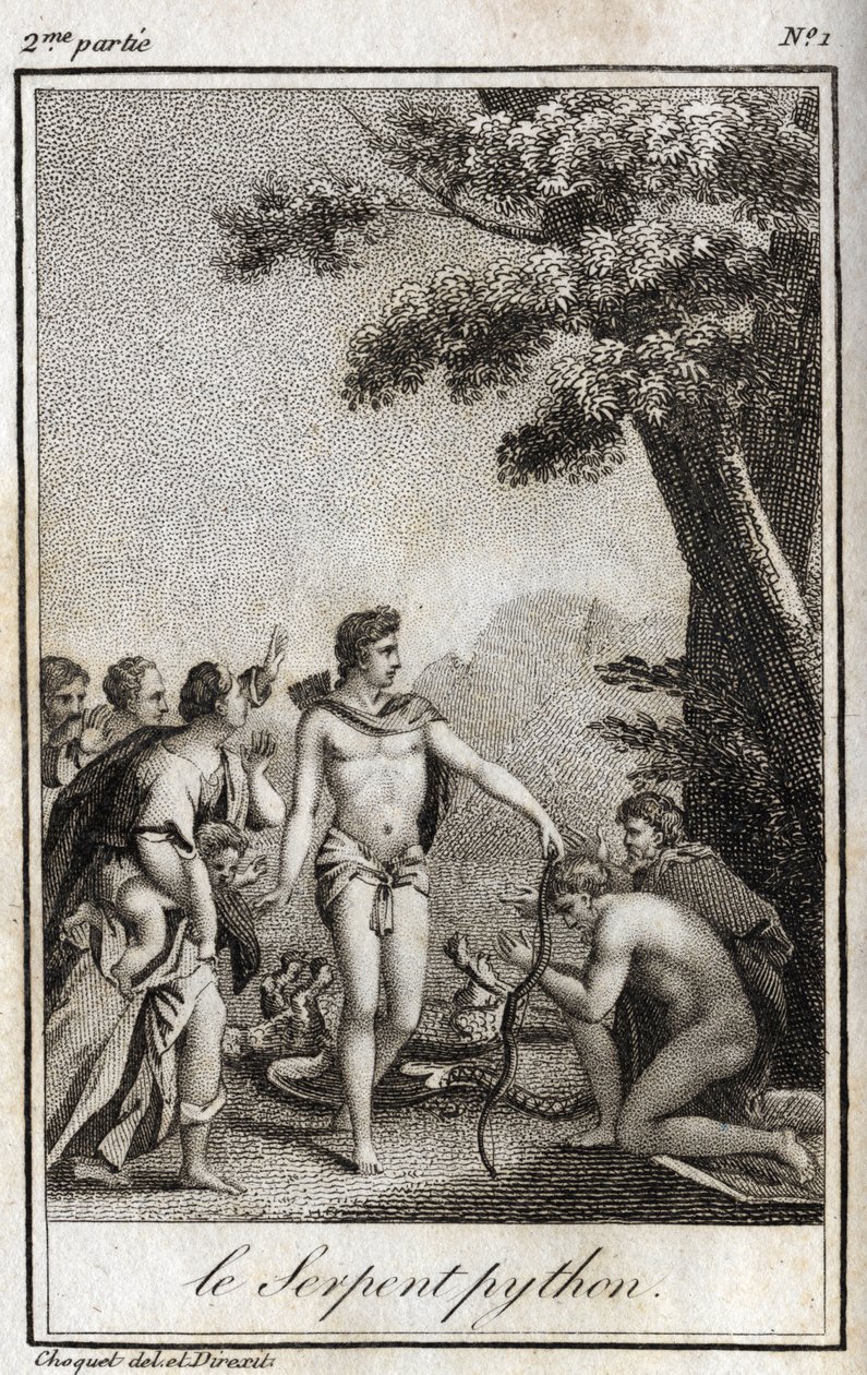 أبولو وثعبان بايثون على جبل بارناسوس. نقش من عام 1819 في "Lettres a Emilie sur la mythologie" لتشارلز ألبرت ديموستييه (1760-1801). مجموعة خاصة. بواسطة مجهول مجهول