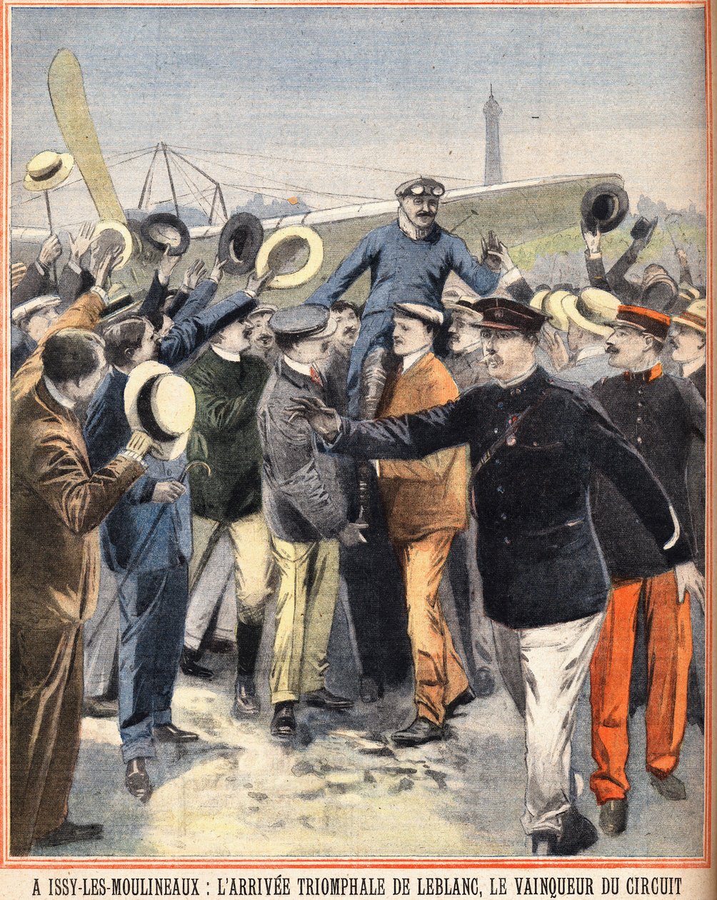 وصول النصر لألفريد لوبلان (1869-1921) ، الطيار الفرنسي ، الفائز في حلبة الهواء في إيسي ليه مولينو (إيسي ليه مولينو). نقش في "Le petit parisien" بتاريخ 14/8/1910 بواسطة مجهول مجهول