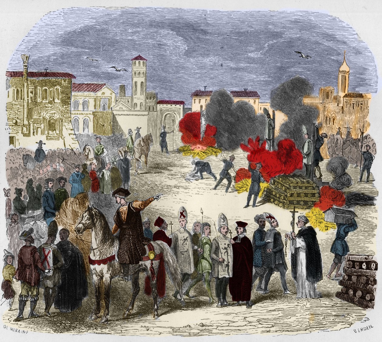 Autodafe (auto da fe) (auto da-fe) في القرن السادس عشر. رسم توضيحي في "" أسرار محاكم التفتيش والجمعيات السرية الأخرى في إسبانيا "بقلم فيكتور دي فيريل ، وسوبرويك ، ومانويل غالو دي كويندياس. تم النشر بواسطة P. Boizard بواسطة مجهول مجهول