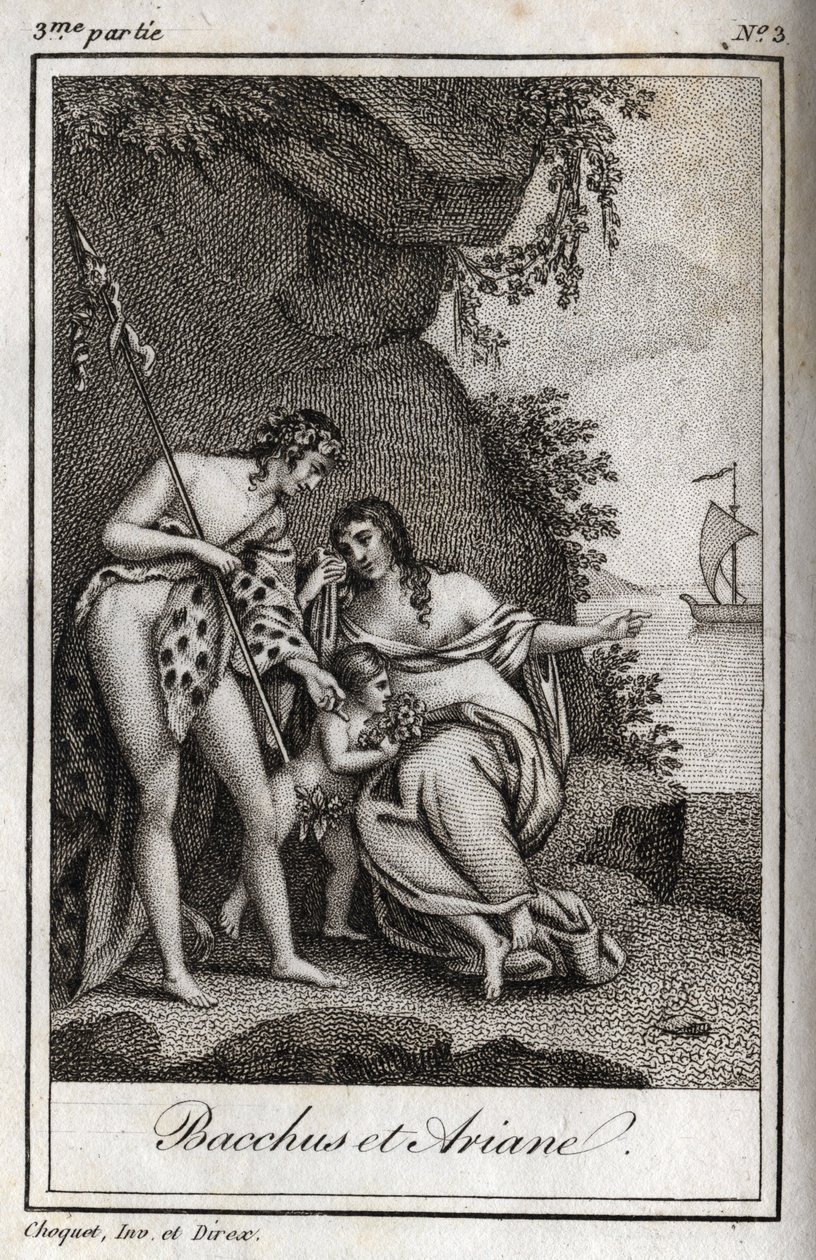 Bacchus et Ariane (Bacchus and Ariadne) نقش من عام 1819 في "Lettres a Emilie sur la mythologie" بواسطة Charles Albert Demoustier (1760-1801). مجموعة خاصة. بواسطة مجهول مجهول