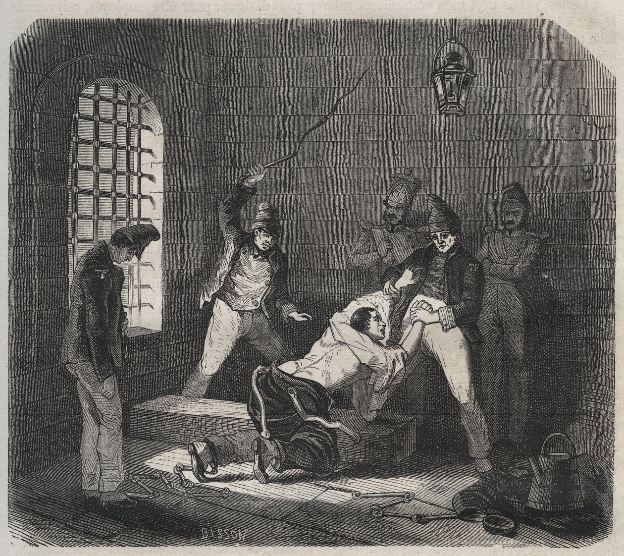 Bagne de Brest: الضرب بالعصا. نقش في "تاريخ المحكوم عليهم منذ إنشائهم حتى يومنا هذا" (1877) لبيير زكون (1817-1895) (كولونيا بينالي - مستعمرة جزائية). مجموعة خاصة. بواسطة مجهول مجهول