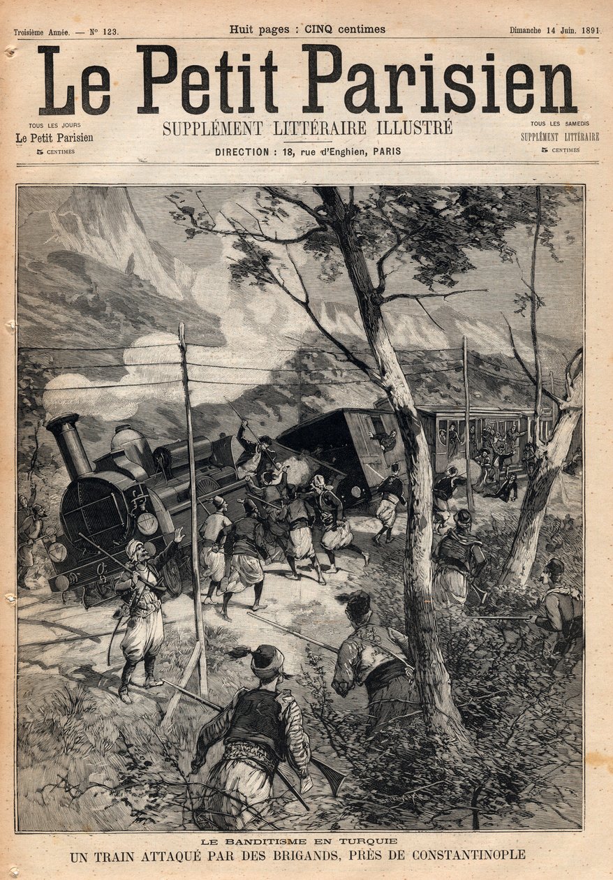 قطاع الطرق في تركيا ، قطار هاجمه لصوص بالقرب من القسطنطينية. نقش على "" Le petit Parisien "من عام 1891. مجموعة خاصة. بواسطة مجهول مجهول