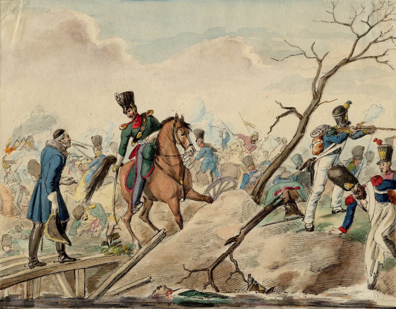 Bataille de Leipzig (bataille des Nations) - حلقة من معركة لايبزيغ - مجهول - 1813 - ألوان مائية على الورق - 16،2x20،8 - مجموعة خاصة بواسطة مجهول مجهول