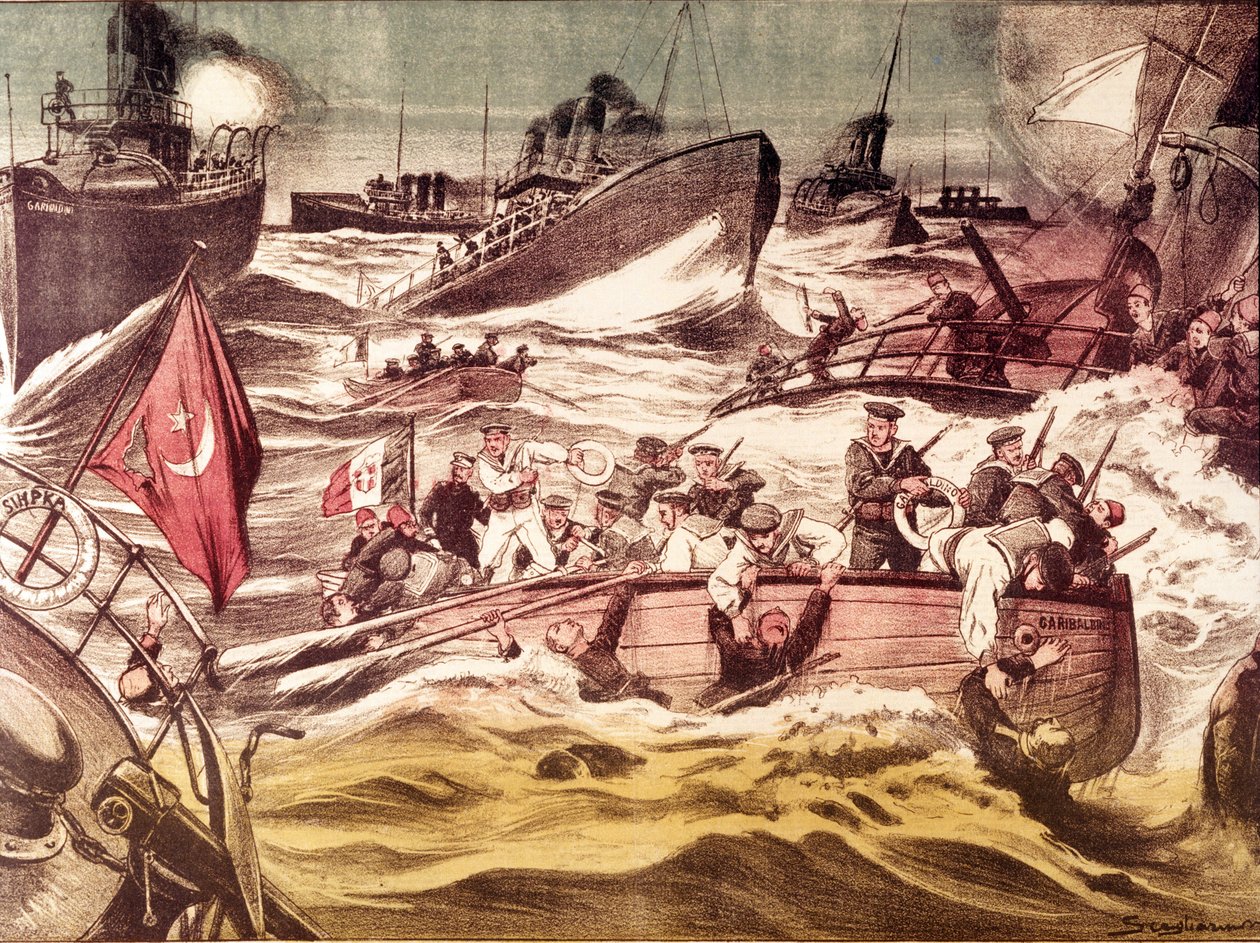 معركة كونفودة (كونفيدا): معركة بحرية دارت في 7 و 8 يناير 1912 ، خلال الحرب الإيطالية التركية (1911-1912) ، في البحر الأحمر ، أمام ميناء كونفودا بالمملكة العربية السعودية. بواسطة مجهول مجهول