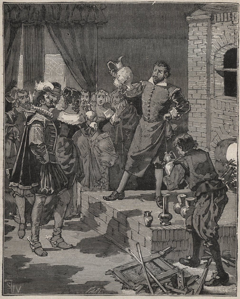 برنارد باليسي (1510-1589) ، صانع الخزف الفرنسي المنتصر ، يزيل القطع الأولى من المينا من الفرن. نقش من عام 1880 في "" Les Arts et metiers Illustres "" لأدولف بيتارد. بواسطة مجهول مجهول