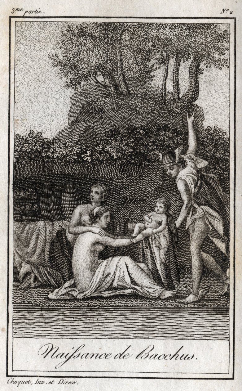 ولادة باخوس ، ابن جوبيتر وسيميلي. نقش من عام 1819 في "Lettres a Emilie sur la mythologie" لتشارلز ألبرت ديموستييه (1760-1801). مجموعة خاصة. بواسطة مجهول مجهول