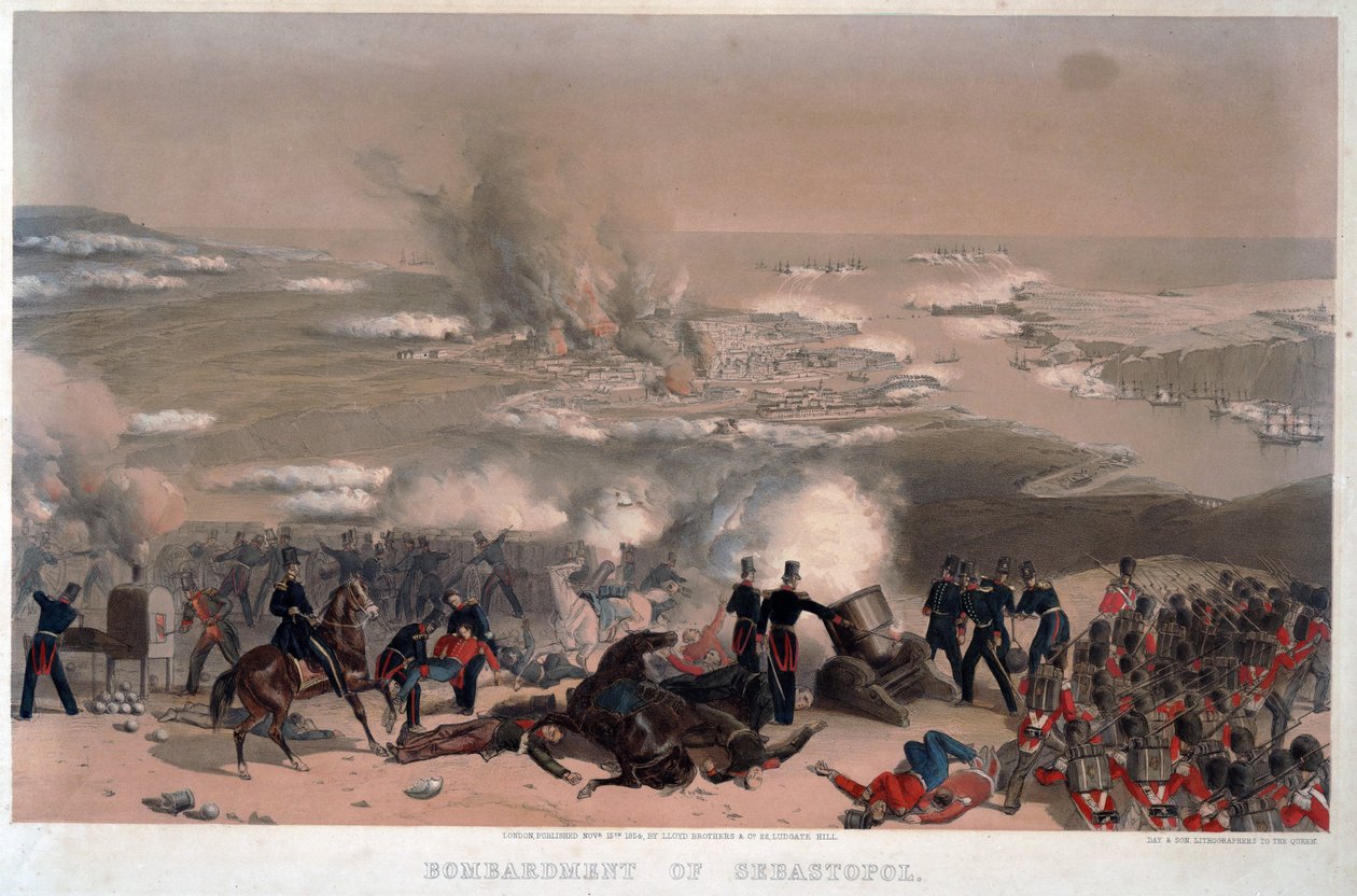 قصف سيفاستوبول - مجهول - 1854 - طباعة حجرية ملونة - 83x117،2 - مجموعة خاصة بواسطة مجهول مجهول