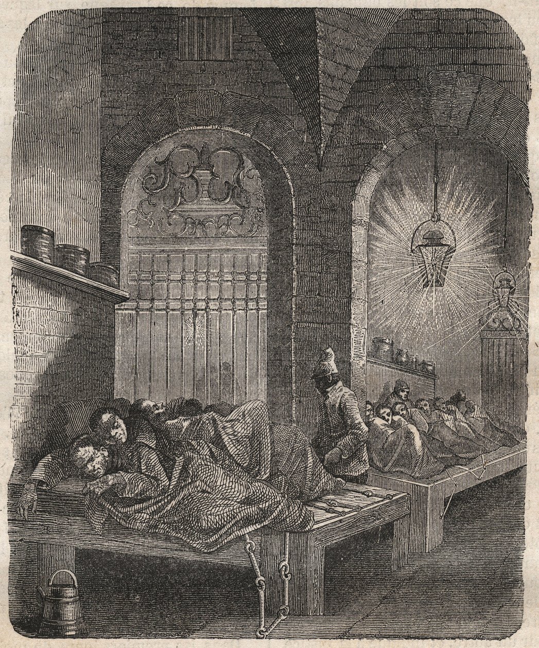 سجن بريست في الليل. نقش في "تاريخ المحكوم عليهم منذ إنشائهم حتى يومنا هذا" (1877) لبيير زكون (1817-1895) (كولونيا بينالي - مستعمرة جزائية). مجموعة خاصة. بواسطة مجهول مجهول