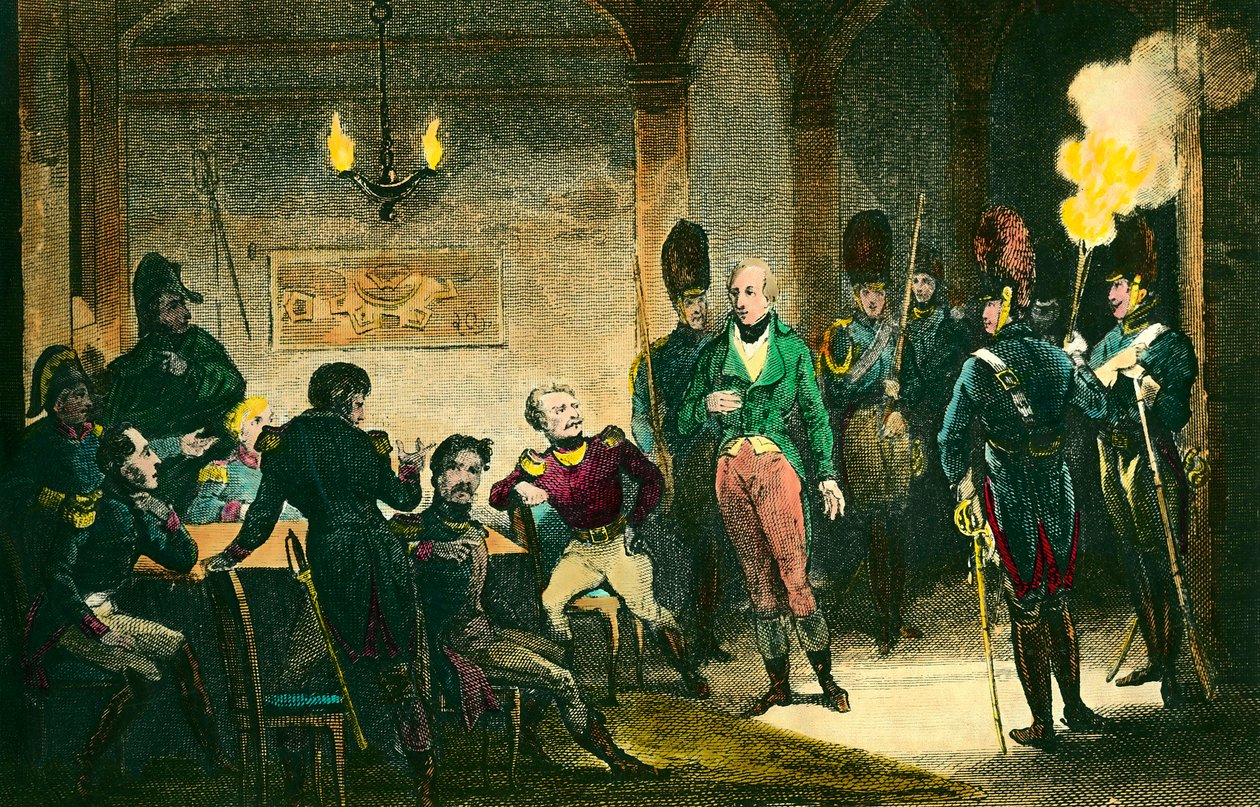 قضية لويس دي بوربون ، دوق إنغين (1772-1804): مشهد محاكمة الأمير المشتبه في أنه تآمر ضد القنصل الأول نابليون بونابرت ، وحُكم عليه وأُعدم دون دليل. نقش من عام 1804. مجموعة خاصة - The Judgem بواسطة مجهول مجهول
