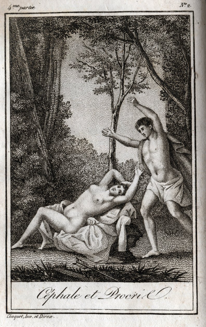 Cephale and Procris (Cephalus) زوجان من العشاق. نقش من عام 1819 في "Lettres a Emilie sur la mythologie" لتشارلز ألبرت ديموستييه (1760-1801). مجموعة خاصة. بواسطة مجهول مجهول