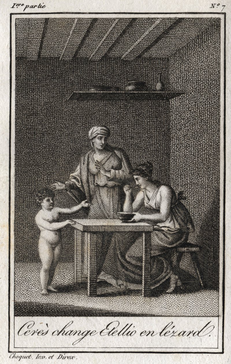 سيريس يغير Stellion إلى lezard. نقش من عام 1819 في "Lettres a Emilie sur la mythologie" لتشارلز ألبرت ديموستييه (1760-1801). مجموعة خاصة. بواسطة مجهول مجهول