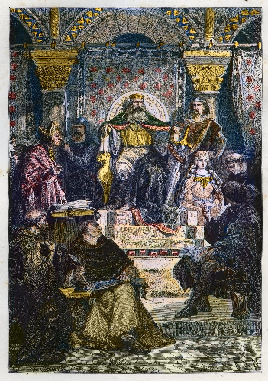 شارلمان (742-814) على عرشه يترأس أكاديمية القصر - تشارلز الأكبر (747-814) ملك الفرنجة والإمبراطور المسيحي للغرب يترأس مدرسة القصر في آخن (آخن) - نقش من "" L " هيستوار دو فرانس راكونتي بواسطة مجهول مجهول