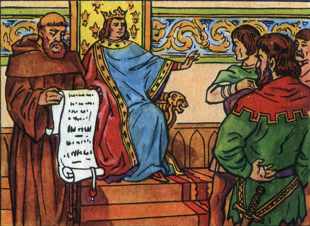 فرض تشارلز الرابع بيل (1294-1328) إرادته على اللوردات. توضيح مجهول في "" مجموعة ملوك ورؤساء دول فرنسا "". القرن ال 20. مجموعة خاصة. بواسطة مجهول مجهول