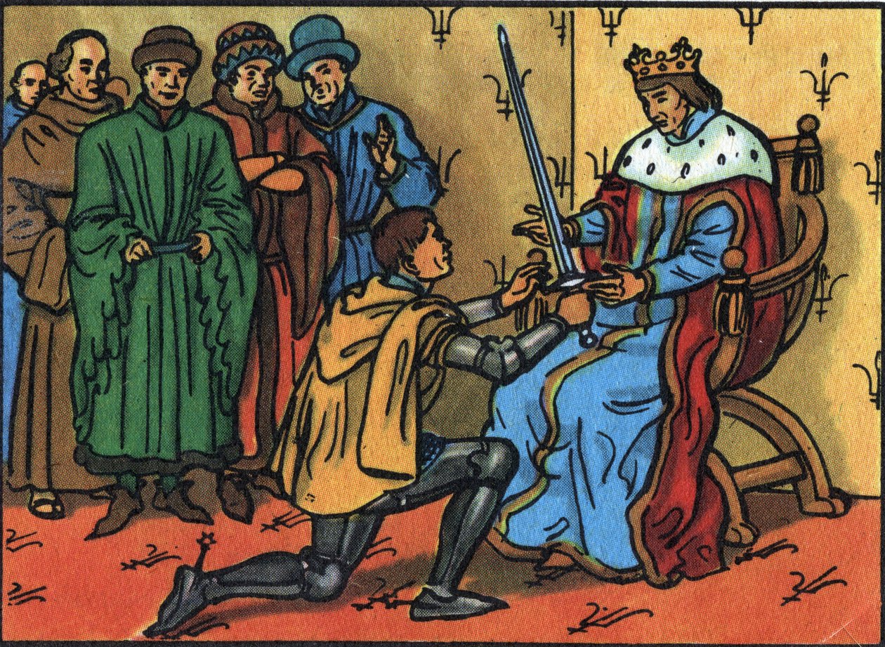 قام تشارلز الخامس الحكيم (1338-1380) بتسليم سيف كونيتابل رسميًا إلى برتراند دو جيسكلين (1320-1380). توضيح مجهول في "" مجموعة ملوك ورؤساء دول فرنسا "". القرن ال 20. مجموعة خاصة. بواسطة مجهول مجهول