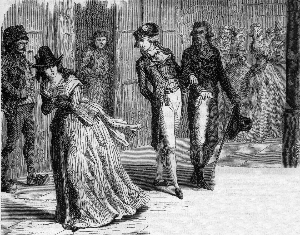 شارلوت كورداي في صانع السكاكين بادين ، تحت أروقة القصر الملكي في 1793 - نقش في "Histoire des Girondins" لألفونس دي لامارتين (1790-1869) 1865-1866 - مجموعة خاصة بواسطة مجهول مجهول