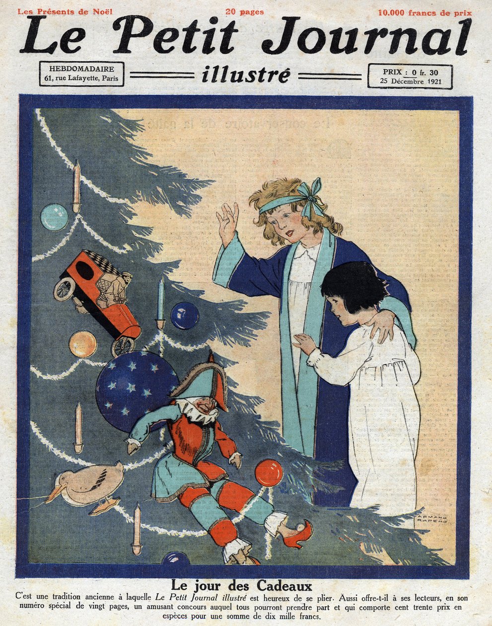 حفلة عيد الميلاد: يكتشف الأطفال الهدايا عند سفح شجرة عيد الميلاد. رسم إيضاحي مأخوذ من "" مجلة Le Petit "" بتاريخ 25/12/1921 من مجموعة Privee بواسطة مجهول مجهول