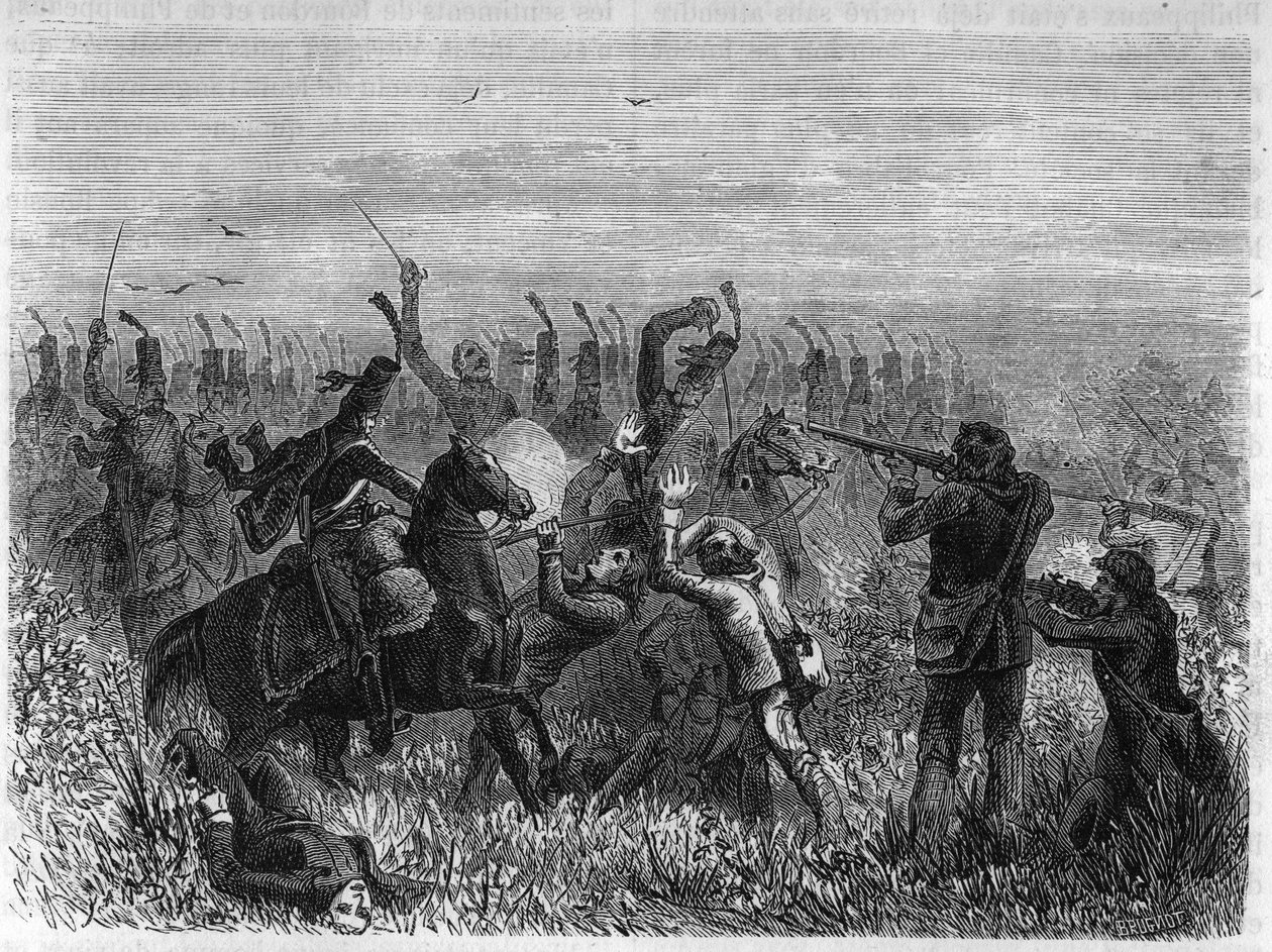 التدمير الكامل لفندينس: معركة سافيناي في ديسمبر 1793. نقش من عام 1866 في "تاريخ الثورة الفرنسية" لأدولف تيير. مجموعة خاصة. بواسطة مجهول مجهول