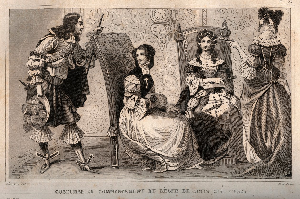 Costumes at the beginning of the regne of Louis XIV (1650). Engraving from 1859 in “” Le Monde. History of all peoples from the most remote times to the present day”. by M. E. de Lostalot-Bachoue (Lostalot Bachoue). Private collection. بواسطة مجهول مجهول