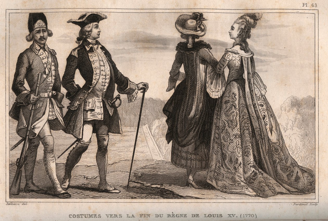 أزياء نهاية عهد الملك لويس الخامس عشر (1770). نقش من 1859 في "" لوموند. تاريخ جميع الشعوب من أبعد الأوقات حتى يومنا هذا ". بواسطة ME de Lostalot-Bachoue (Lostalot Bachoue). مجموعة خاصة. بواسطة مجهول مجهول
