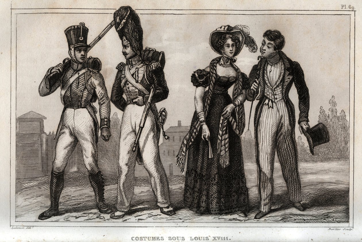 أزياء في عهد لويس الثامن عشر. نقش من 1859 في "" لوموند. تاريخ جميع الشعوب من أبعد الأوقات حتى يومنا هذا ". بواسطة ME de Lostalot-Bachoue (Lostalot Bachoue). مجموعة خاصة. بواسطة مجهول مجهول