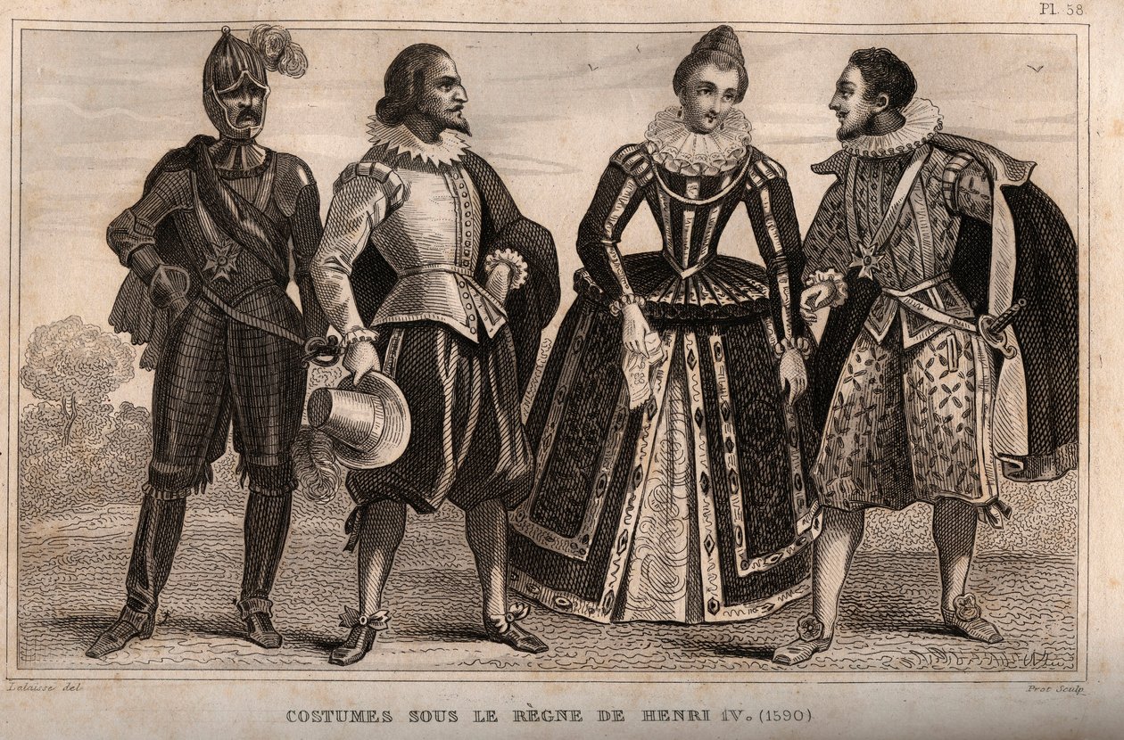 أزياء تحت حكم هنري الرابع (1590). نقش من عام 1859 في "" لوموند. تاريخ جميع الشعوب من أبعد الأوقات حتى يومنا هذا ". بواسطة M. E. de Lostalot-Bachoue (Lostalot Bachoue). مجموعة خاصة. بواسطة مجهول مجهول
