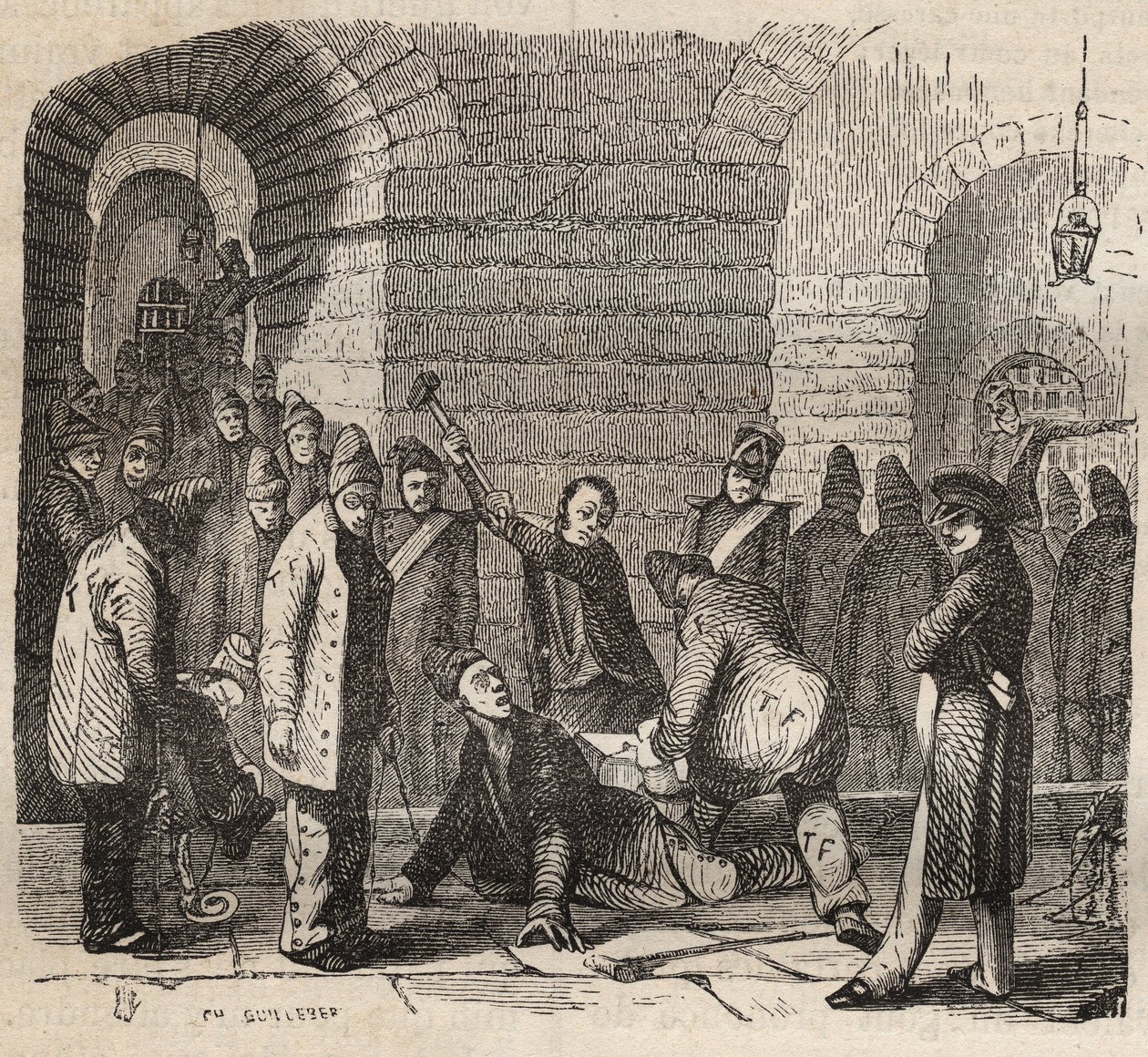 اقتران في Rochefort bagne في القرن التاسع عشر. نقش في "تاريخ المحكوم عليهم منذ إنشائهم حتى يومنا هذا" (1877) لبيير زكون (1817-1895) (كولونيا بينالي - مستعمرة جزائية). مجموعة خاصة. بواسطة مجهول مجهول
