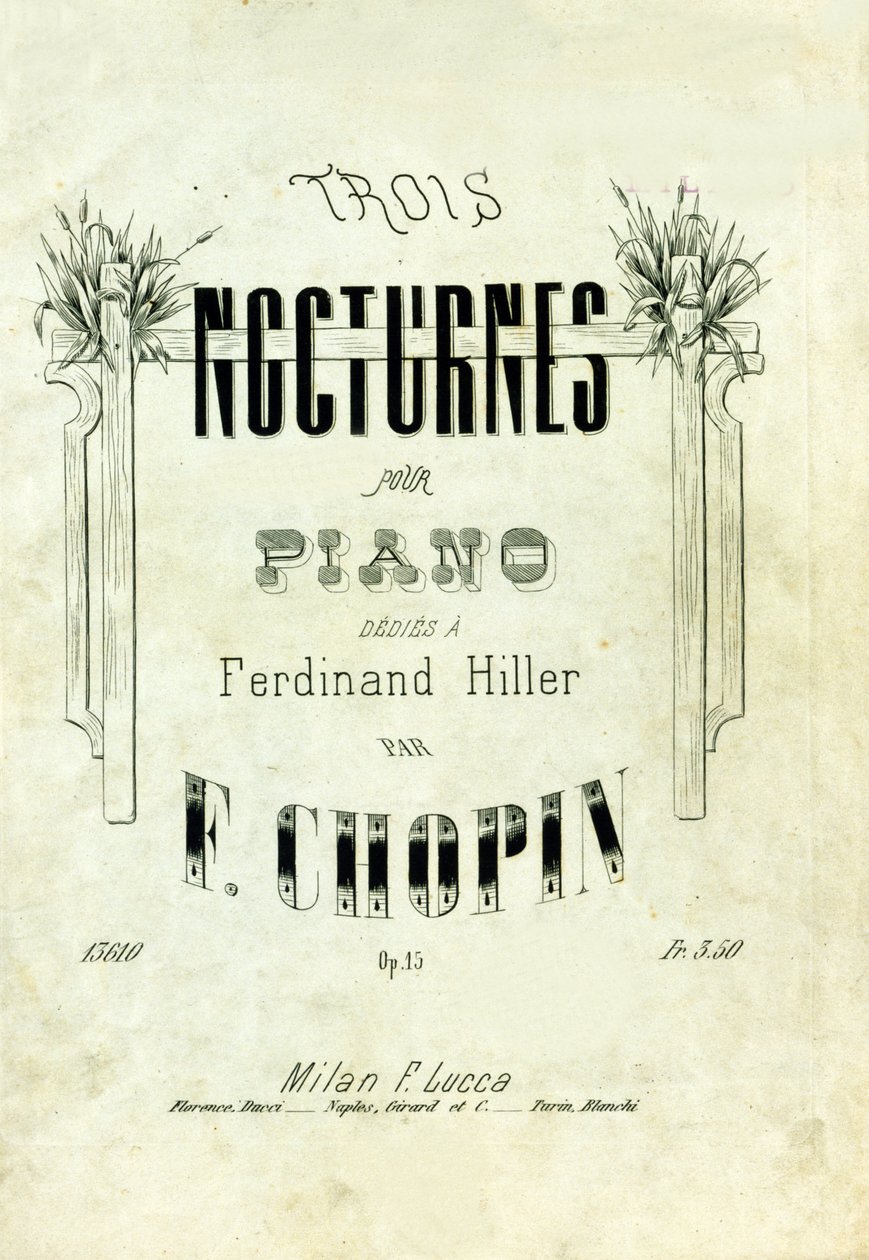 غلاف أغنية "Nocturnes opus 15" للبيانو يخصص فرديناند هيلر "" ألحان فريدريك شوبان (1810-1849). بواسطة مجهول مجهول