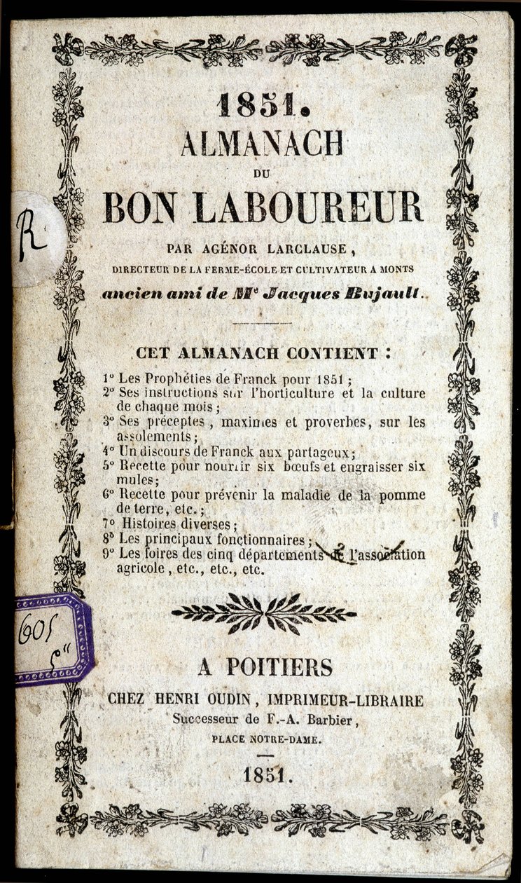 غلاف كتاب Almanach du Bon Ploureur ، بقلم Agenor Larclause ، بواتييه بواسطة مجهول مجهول