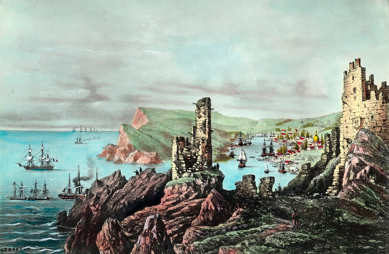 حرب القرم: منظر لميناء بالاكلافا في كريمي. نقش حوالي 1854-1855. مجموعة خاصة بواسطة مجهول مجهول