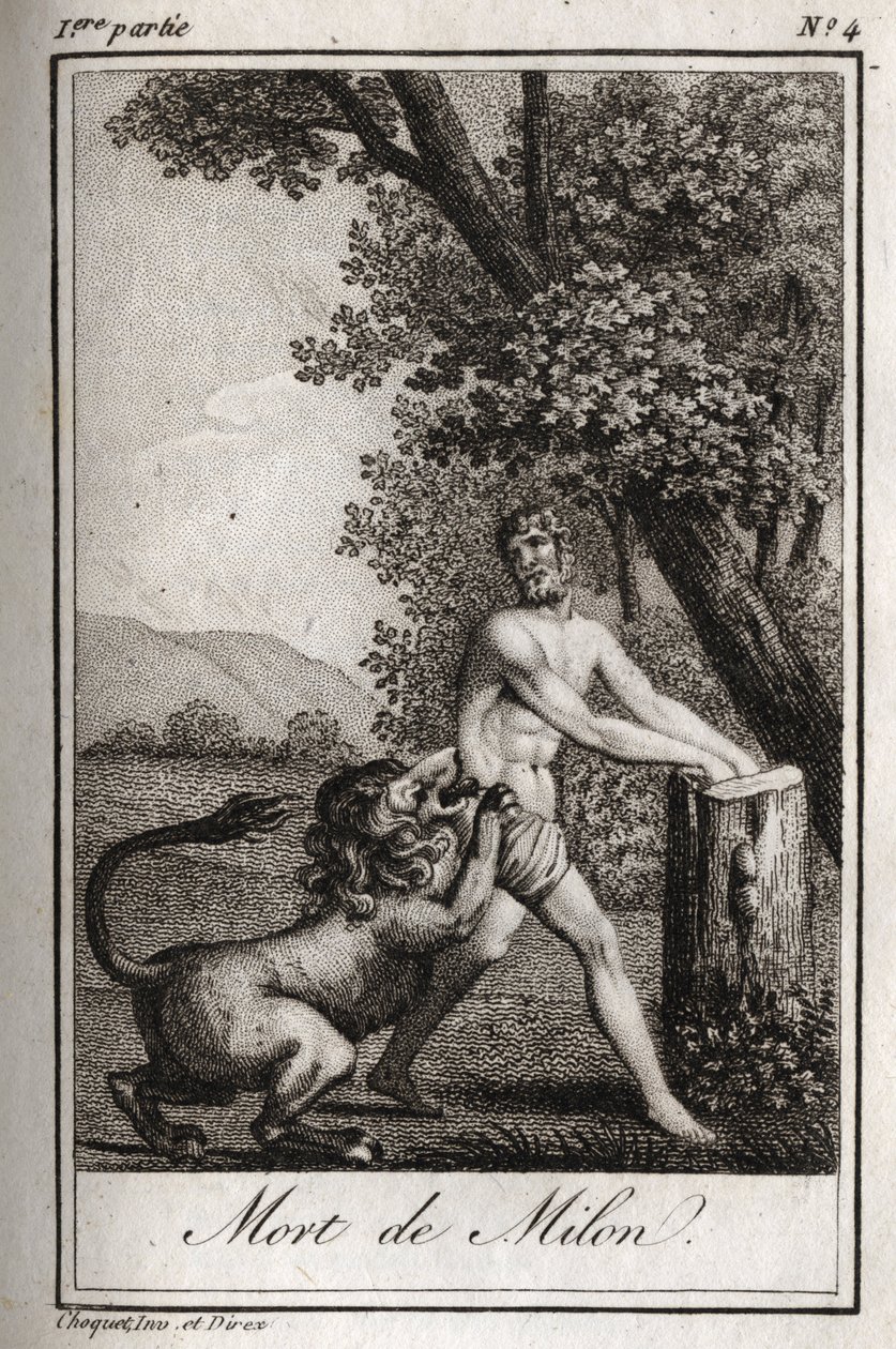 موت ميلون دي كروتوني (ميلو كروتوني) تأثر به ذئب. نقش من عام 1819 في "Lettres a Emilie sur la mythologie" لتشارلز ألبرت ديموستييه (1760-1801). مجموعة خاصة. بواسطة مجهول مجهول