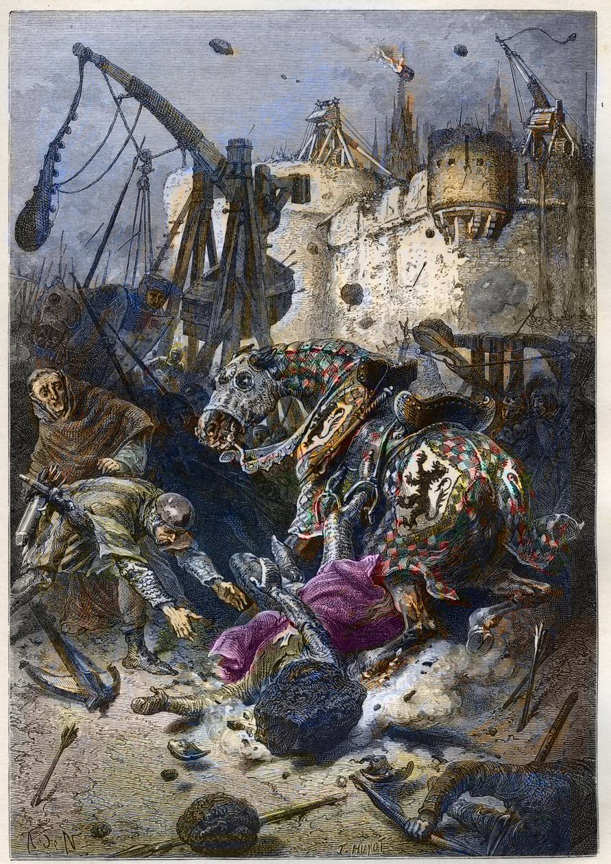 وفاة سيمون الرابع من مونتفورت (1150-1218) الأرستقراطي الفرنسي ، في مقر تولوز عام 1218 - وفاة سيمون دي مونتفورت أثناء معركة تولوز ، 25 يونيو بواسطة مجهول مجهول
