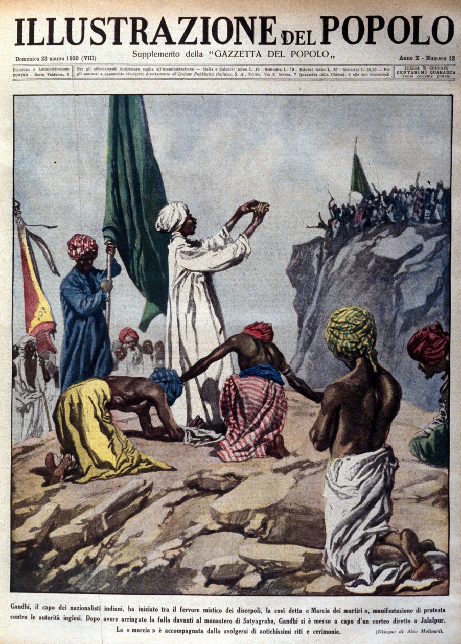 مظاهرة قادها الزعيم السياسي موهانداس كرمشاند غاندي (1869-1948) احتجاجًا على السلطات الإنجليزية ، تصور احتفالًا أثناء ما يسمى بمسيرة الشهداء نحو جالايبور. رسم إيضاحي مأخوذ من "" L
