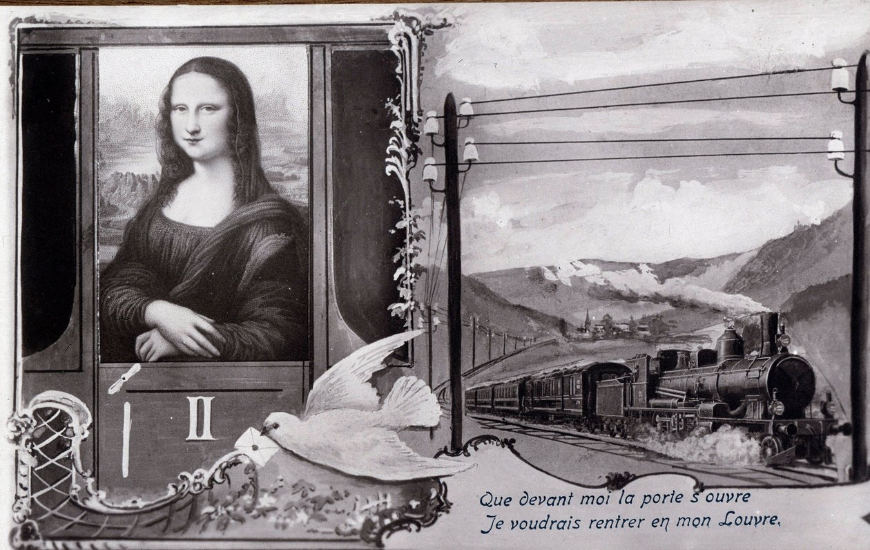 تمثيل "" الموناليزا "" (الموناليزا ، الموناليزا) بواسطة ليونارد دي فينشي (ليوناردو دافنشي) (1452-1519): "اللوحة ممثلة في قطار ، ترغب في العثور على متحفها. بطاقة بريدية كوميديا تم تحريرها في وقت سرقة العمل من قبل بواسطة مجهول مجهول
