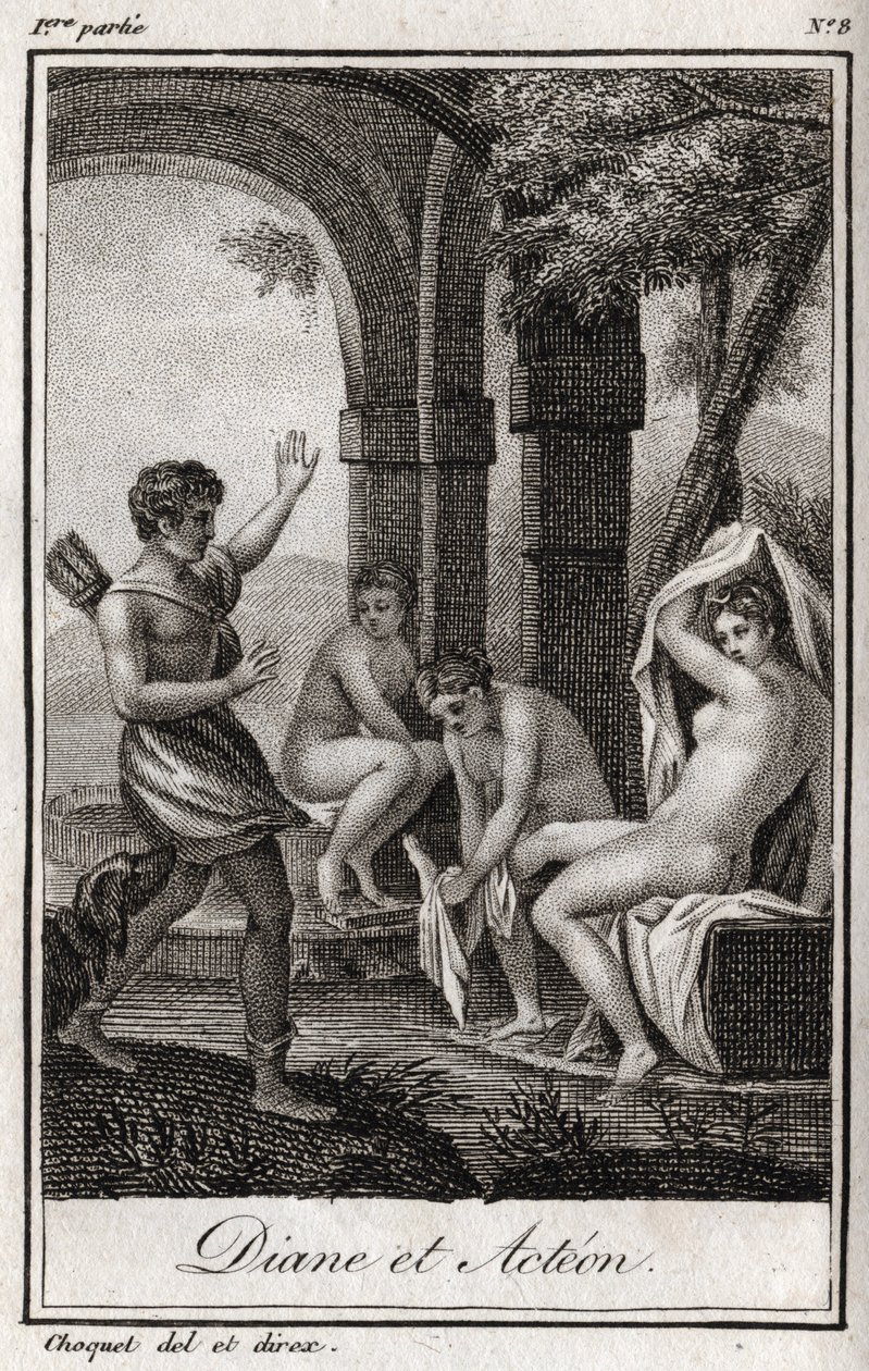 ديان وأكتيون (ديانا وأكتايون) تفاجأت ديان بالصياد أكتيون في الحمام. نقش من عام 1819 في "Lettres a Emilie sur la mythologie" لتشارلز ألبرت ديموستييه (1760-1801). مجموعة خاصة. بواسطة مجهول مجهول