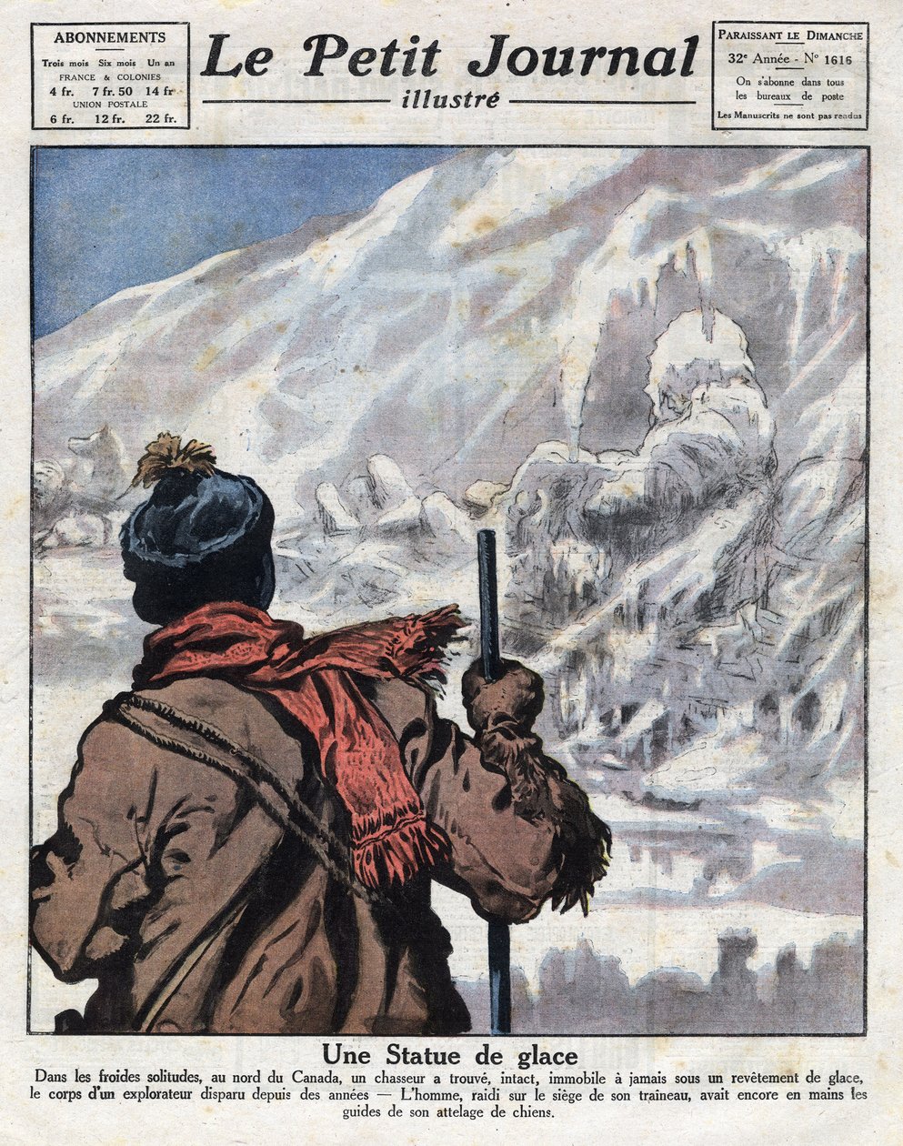 اكتشف من جثة مستكشف في جليد كندا ، اختفى لسنوات. رسم إيضاحي مأخوذ من "" مجلة Le petit Journal "بتاريخ 11/12/1921 Collection privee بواسطة مجهول مجهول