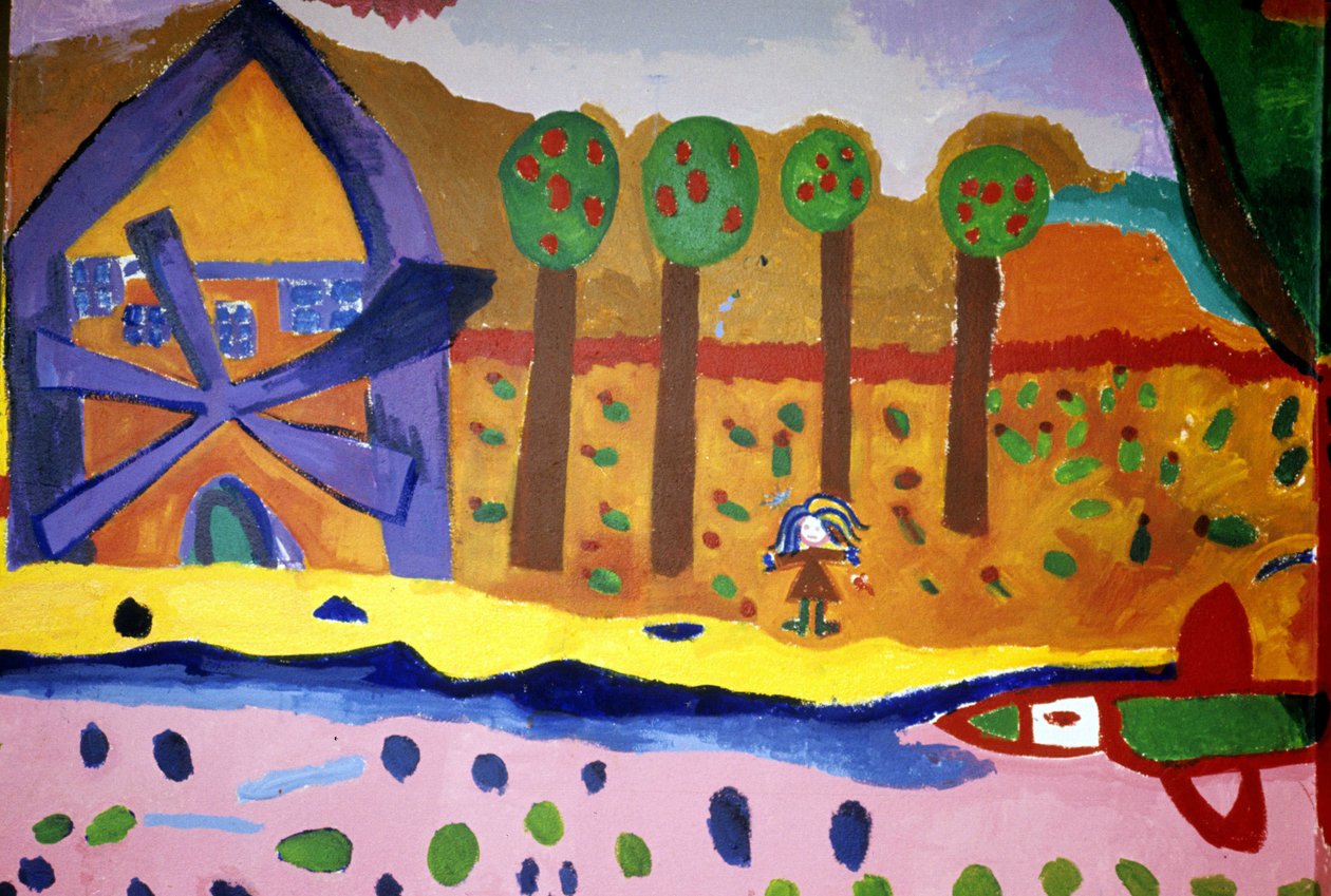 رسم لأطفال من مدرسة كروا روس يصورون طاحونة وأشجارًا. سانت بريوك ، سانت بريوك. بواسطة مجهول مجهول