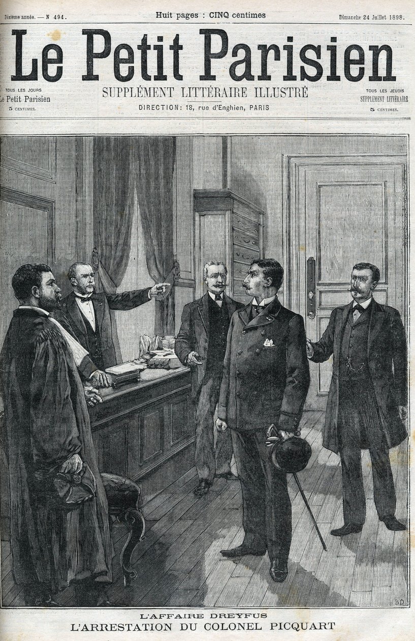 قضية دريفوس ، في عام 1898 ، اعتقال المقدم جورج بيكوارت (1854-1914). في "le petit Parisien" عام 1898. بواسطة مجهول مجهول