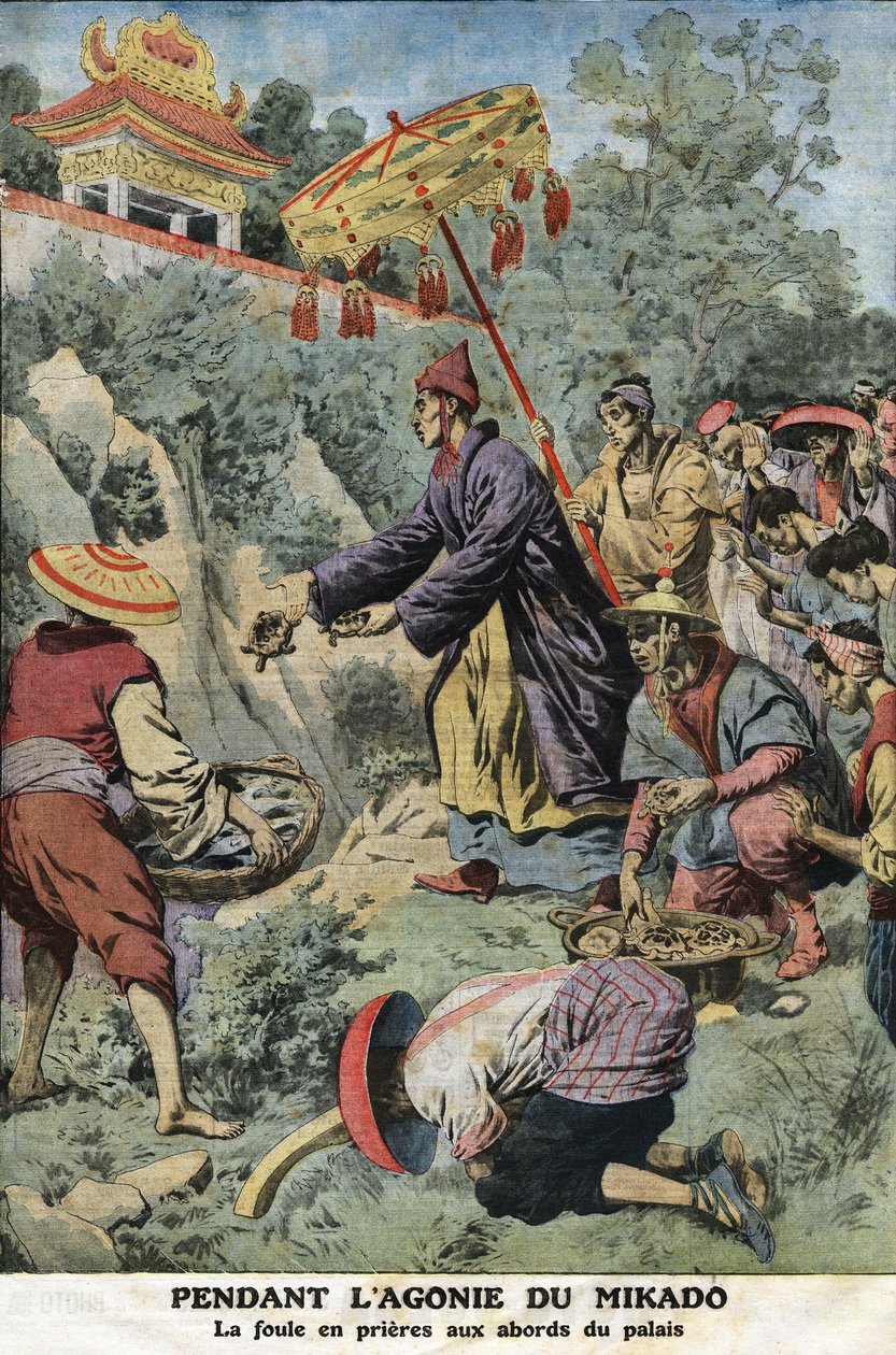 أثناء عذاب ميكادو (إمبراطور اليابان) ميجي (1852-1912): كان الحشد في الصلاة بالقرب من القصر. نقش في "" لو بيتي جورنال "بتاريخ 11/8/1912. مجموعة خاصة. بواسطة مجهول مجهول