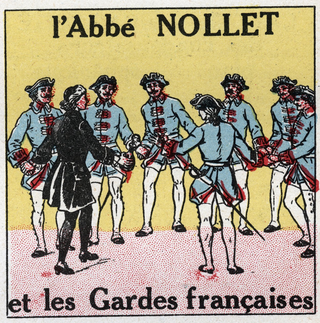 المكثفات الكهربائية: الارتجاج الناتج عن المكثفات. تجربة زجاجة Leiden بواسطة Abbe Jean Antoine Nollet (Jean-Antoine) (1700-1770) ، عالم الفيزياء الفرنسي في فرساي ، حيث تم ضرب 180 حارساً في نفس الوقت في عام 1746. توضيح مجهول f بواسطة مجهول مجهول