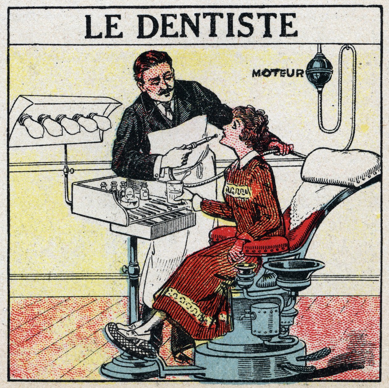 الأدوات الكهربائية: طبيب الأسنان. رسم توضيحي مجهول عام 1925. مجموعة خاصة. بواسطة مجهول مجهول