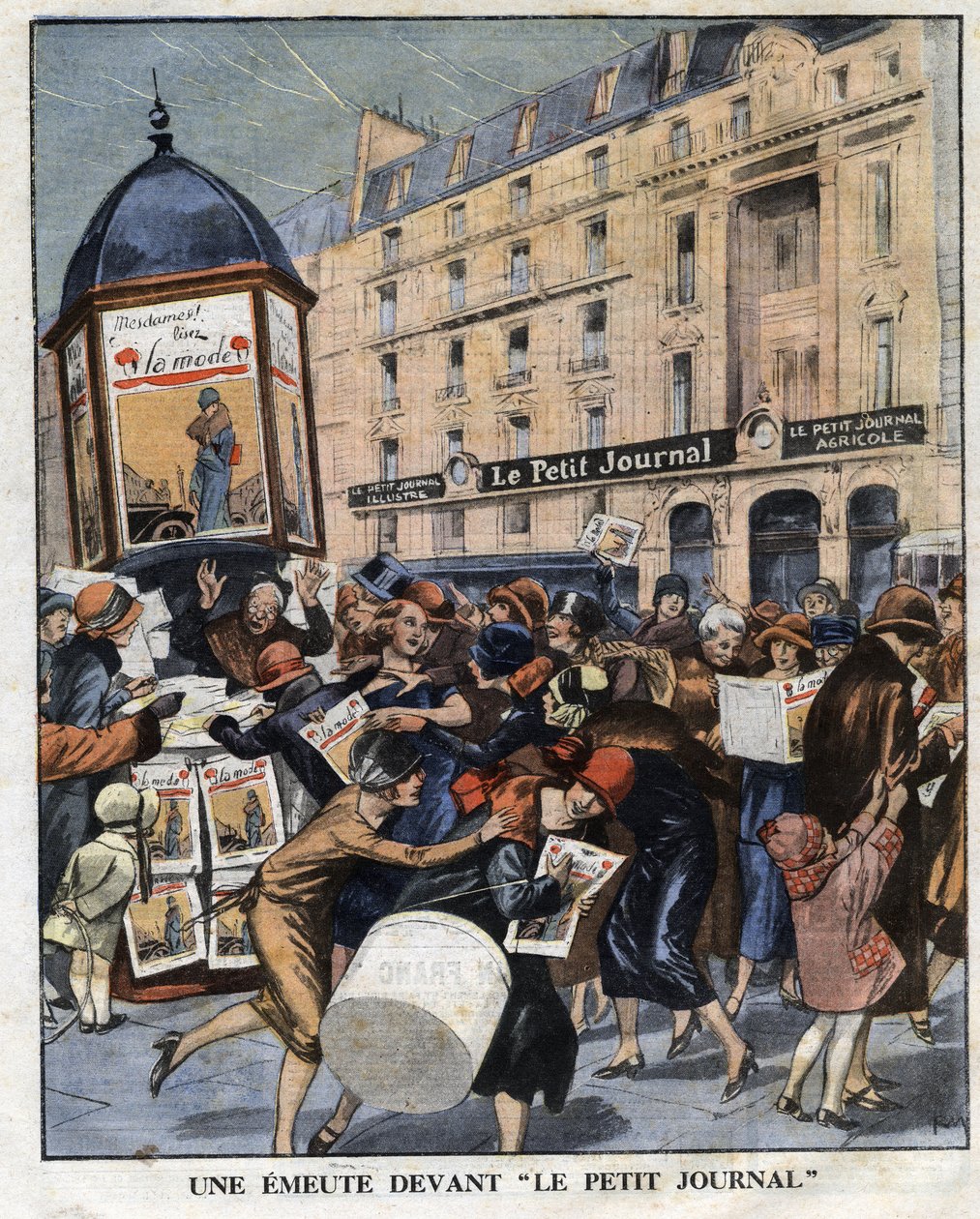 Emute des femmes عند إطلاق كشك الشكل الجديد لمجلة "La mode" في باريس. رسم إيضاحي مأخوذ من "" Le petit journal "من 01/11/1925 Collection privee بواسطة مجهول مجهول