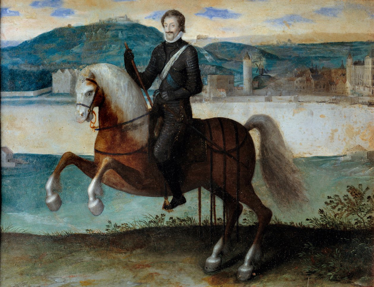 Equestrian portrait of Henri IV (1553-1610) in front of Paris (1594). Anonymous painting. h s/copper. Dim: 0,25 x 0,31m. Paris, Musee Carnavalet بواسطة مجهول مجهول
