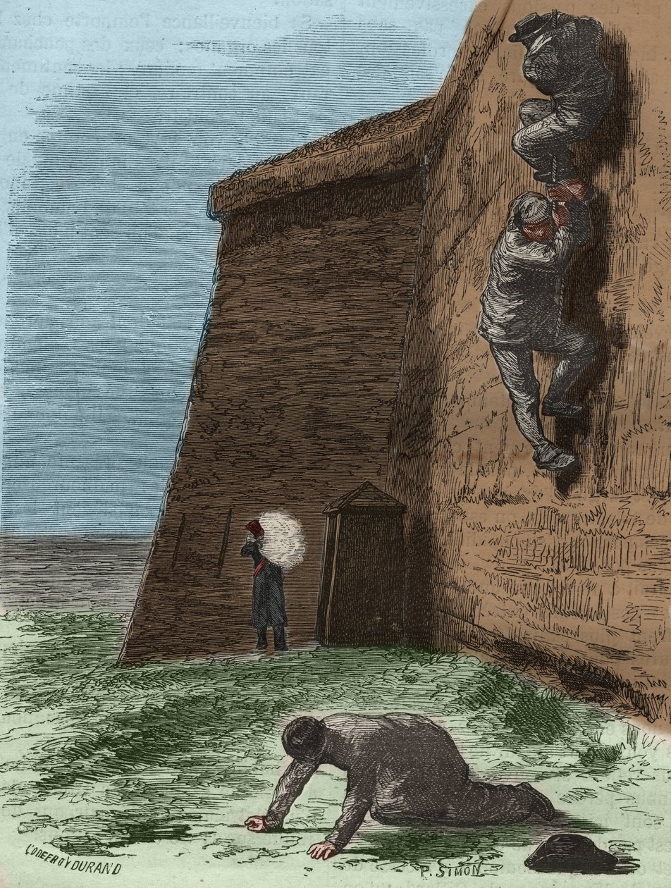 الهروب من bagne de Rochefort في القرن التاسع عشر. نقش في "تاريخ المحكوم عليهم منذ إنشائهم حتى يومنا هذا" (1877) لبيير زكون (1817-1895) (كولونيا بينالي - مستعمرة جزائية). مجموعة خاصة. بواسطة مجهول مجهول