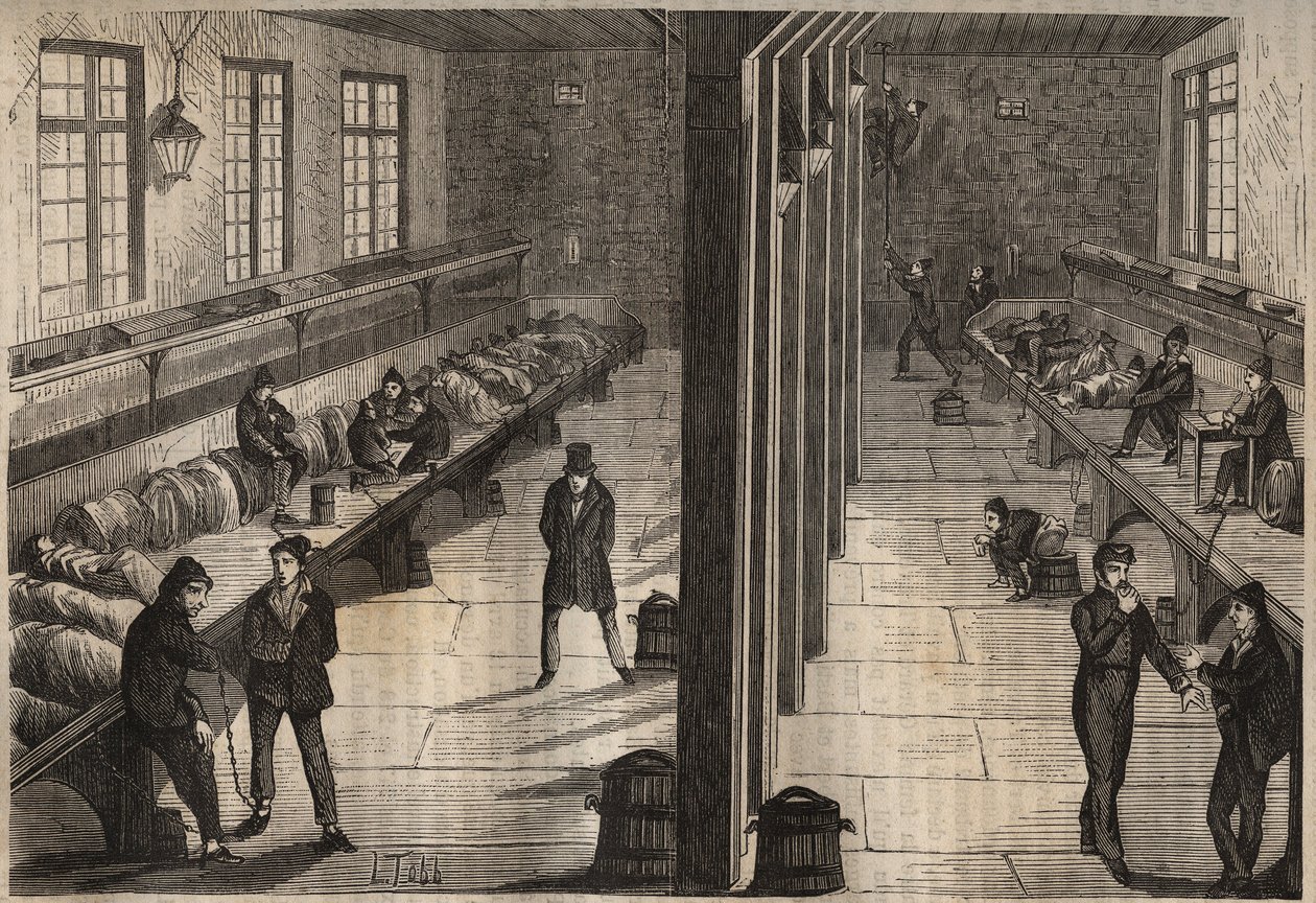هروب ثلاثة مدانين في غرفة سانت جيل من باغن دو روشفور في 28 ديسمبر 1840. نقش في "تاريخ المدانين منذ إنشائهم حتى يومنا هذا" (1877) بقلم بيير زكون (1817-1895) (كولونيا بينالي - مستعمرة جزائية). مجموعة خاصة. بواسطة مجهول مجهول