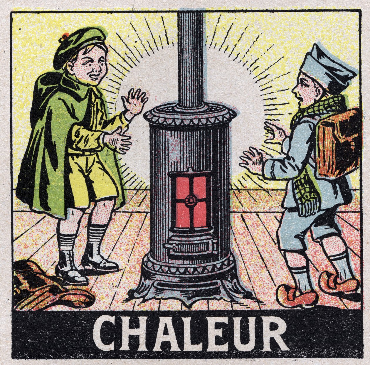 Ether (material): two children heated by the heat of a stove. Anonymous illustration from 1925. Private collection. بواسطة مجهول مجهول