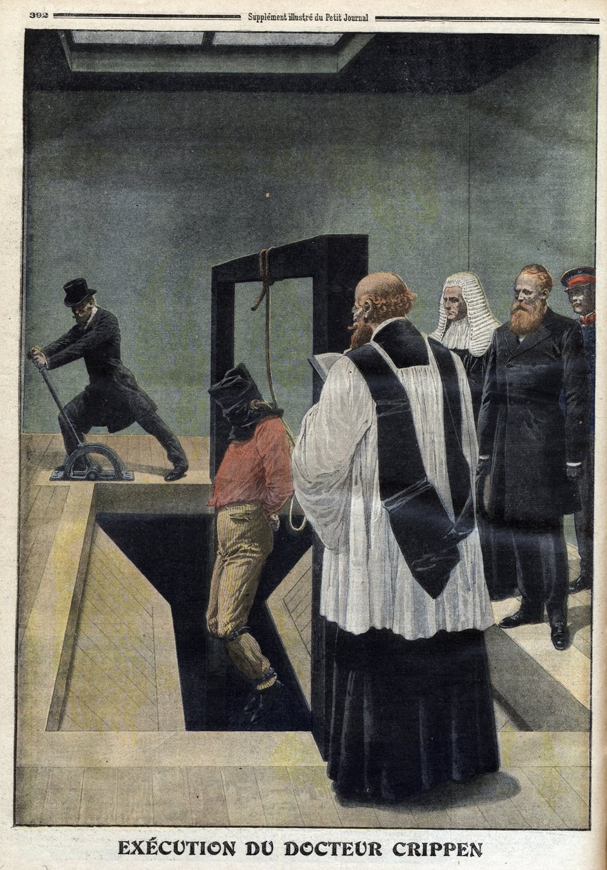 إعدام دكتور كريبن ، رسم توضيحي من "The Petity Journal" ، ملحق مصور ، 4 ديسمبر 1910 - إعدام الدكتور هربرت هولي كريبن في سجن بينتونفيل ، المحكوم عليه بالإعدام لقتل إلمور الجميلة - "" بيتيتي جورنا بواسطة مجهول مجهول