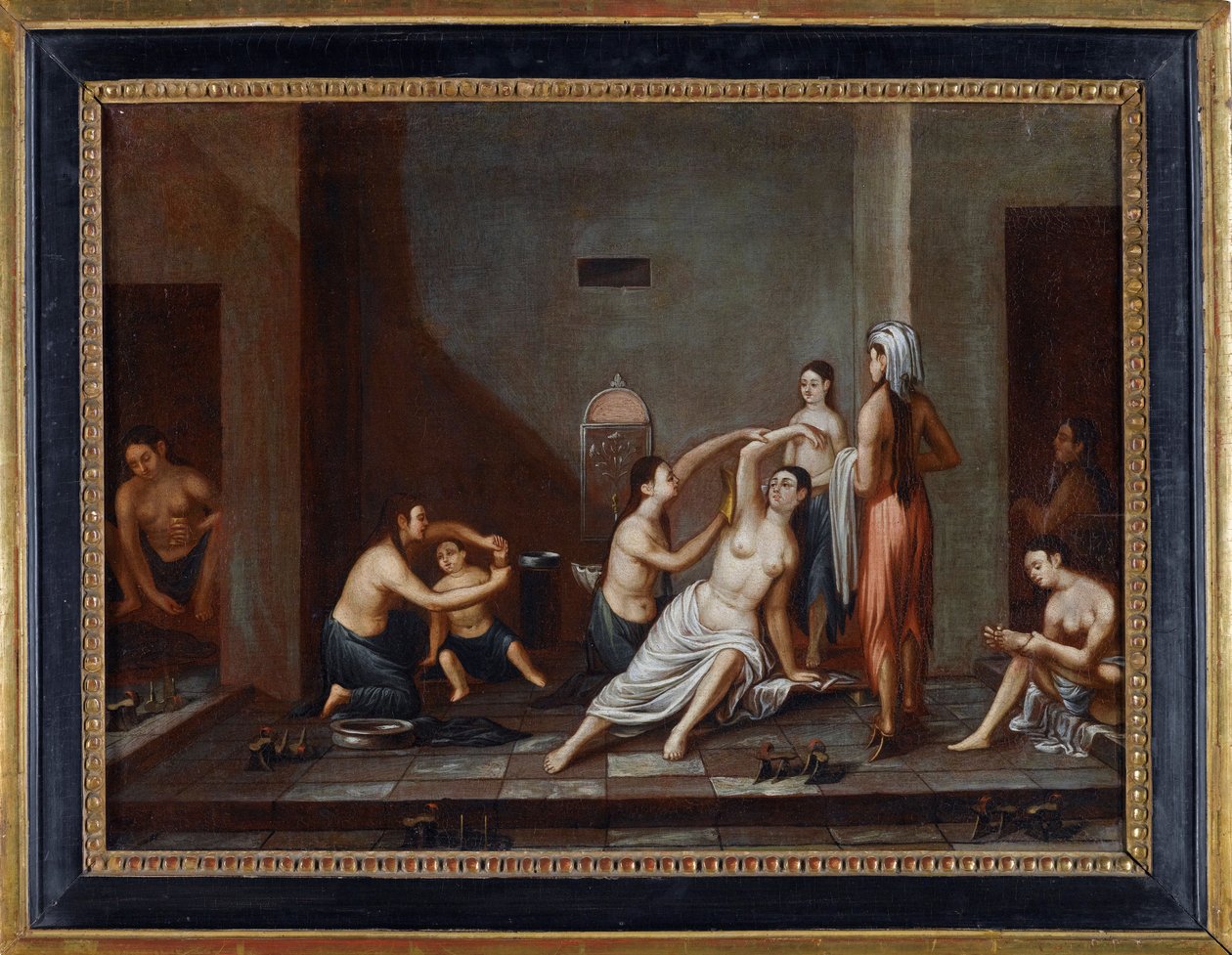 "نساء في الحمام يغسلن بعضهن البعض" (سيدات في الحمام) لوحة مجهولة 1741 - زيت على قماش ، 39x53 - مجموعة خاصة بواسطة مجهول مجهول
